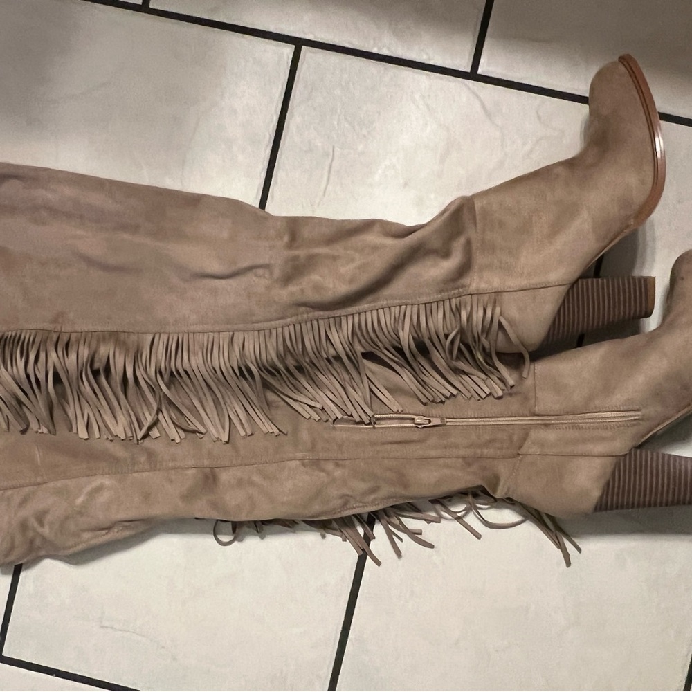 LEILA STONE Ziggy thigh-high taupe suede fringe boots